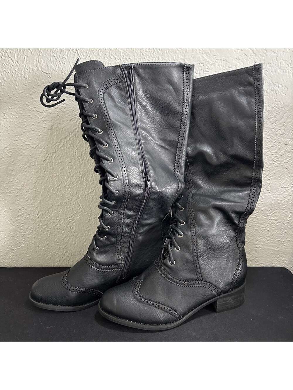 Yoki Black Lace Up Knee High Brogue Wingtip Boots Size 6.5